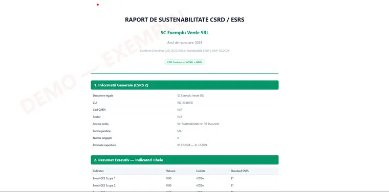 Raport CSRD/ESRS generat — format XHTML cu watermark DEMO